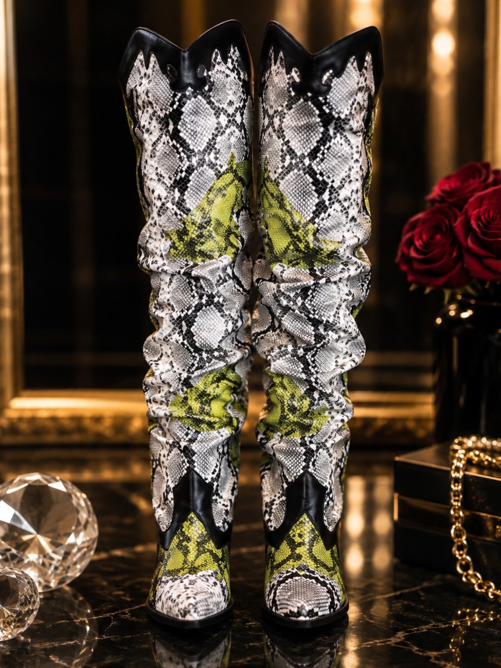 Thigh High Snake-Print Boots - Size 7.5 Women’s White, Black & Lime